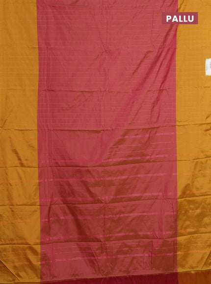 Arani semi silk saree dual shade of pink and dark mustard with allover copper zari weaves and zari checked border