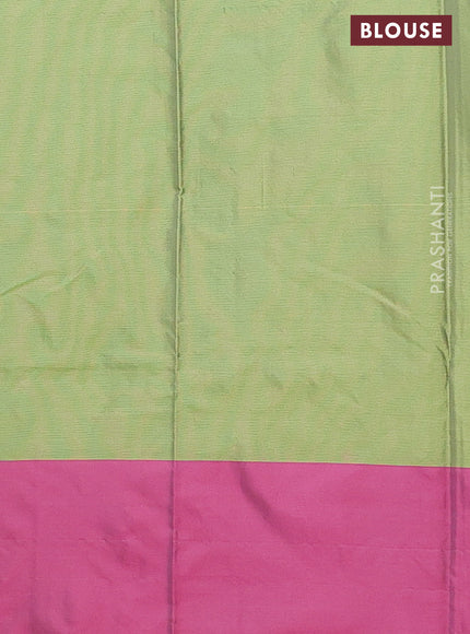Arani semi silk saree green and magenta pink with allover copper zari weaves and zari checked border