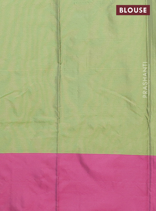 Arani semi silk saree green and magenta pink with allover copper zari weaves and zari checked border