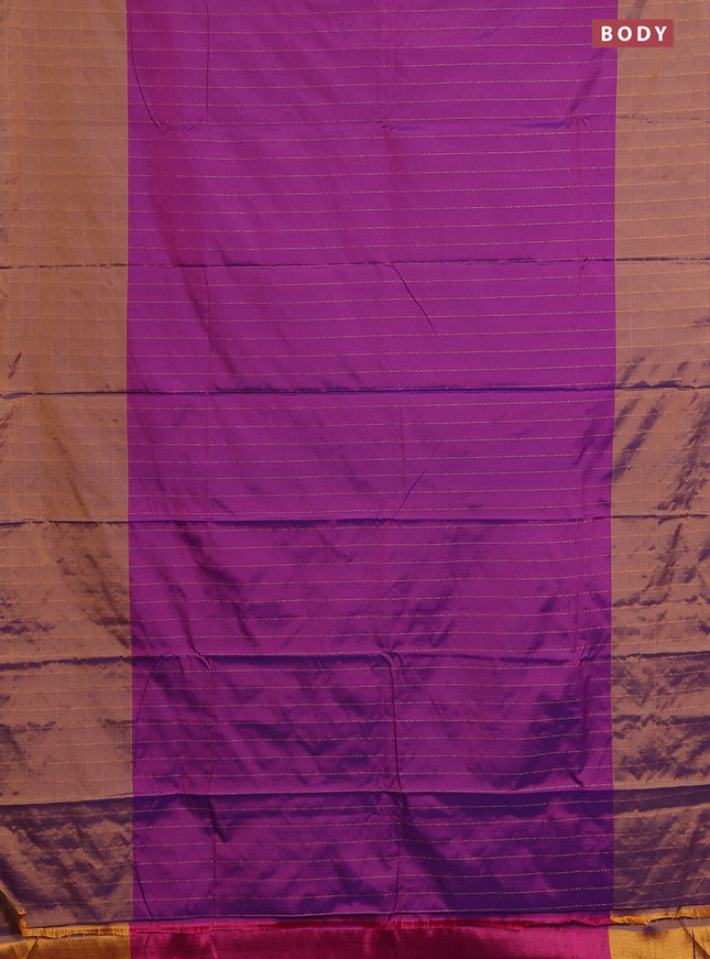 Arani semi silk saree purple and rust shade with allover copper zari weaves and zari checked border