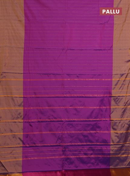 Arani semi silk saree purple and rust shade with allover copper zari weaves and zari checked border