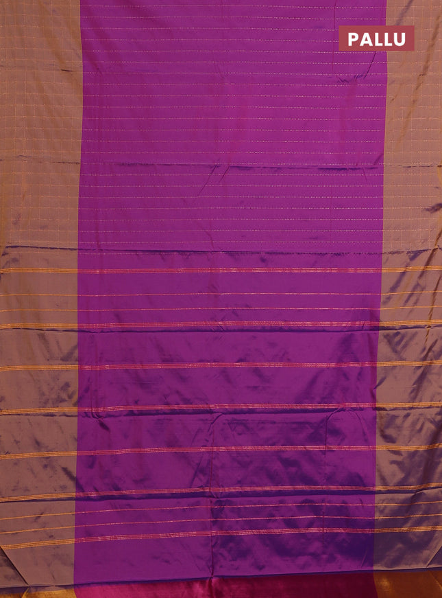 Arani semi silk saree purple and rust shade with allover copper zari weaves and zari checked border