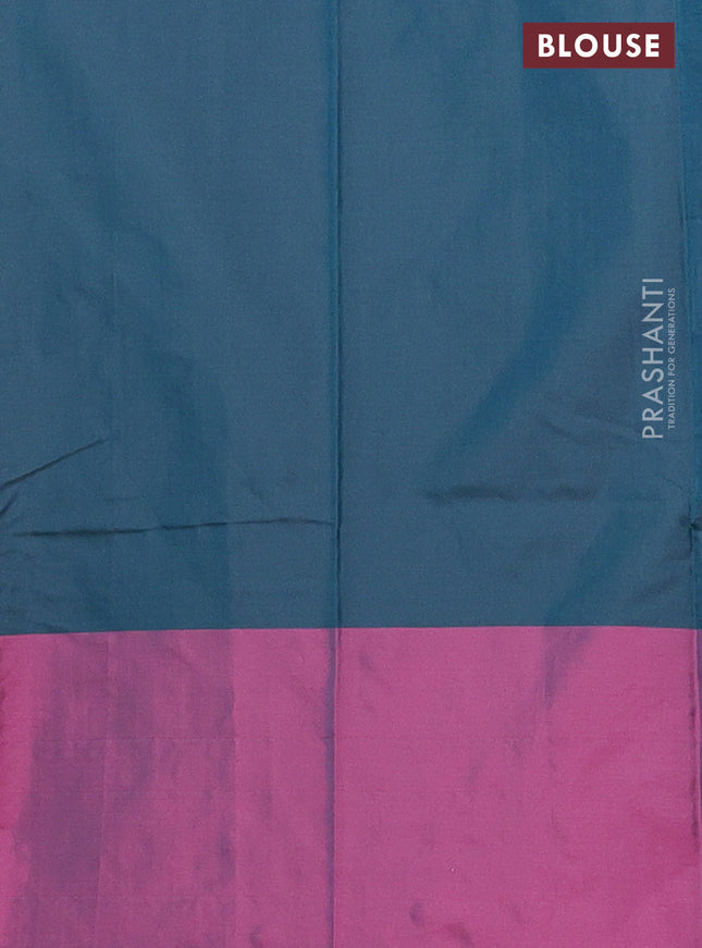 Arani semi silk saree peacock green and mauve pink with allover copper zari weaves and zari checked border