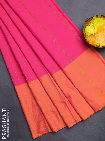 Arani semi silk saree pink and dual shade of pinkish orange with allover copper zari weaves and zari checked border