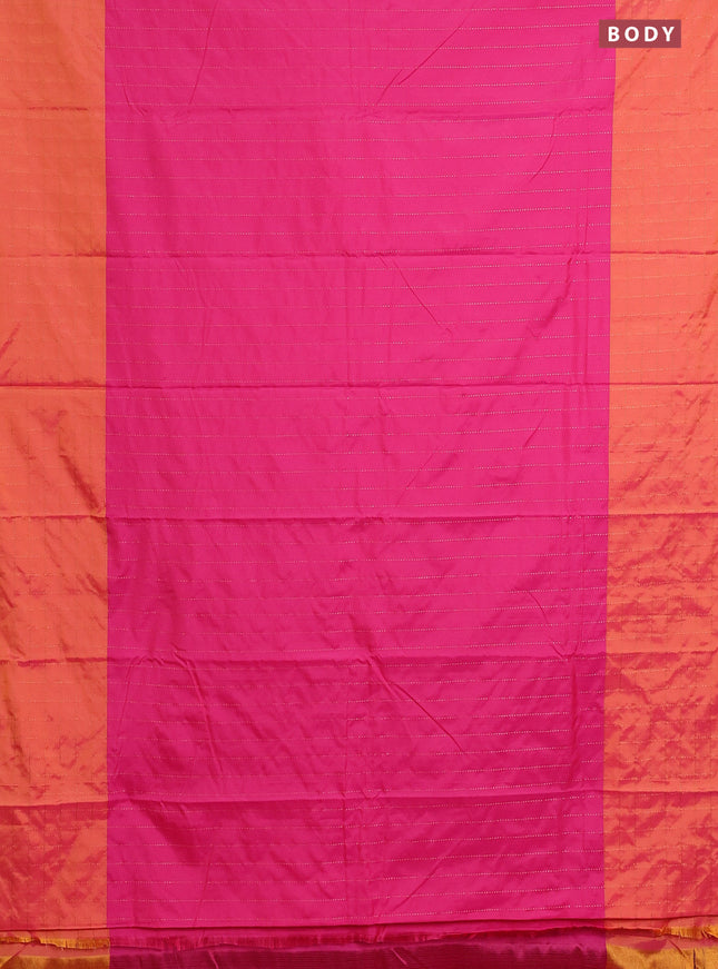 Arani semi silk saree pink and dual shade of pinkish orange with allover copper zari weaves and zari checked border
