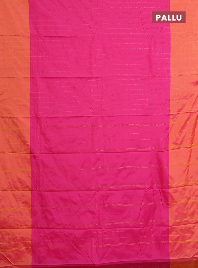 Arani semi silk saree pink and dual shade of pinkish orange with allover copper zari weaves and zari checked border