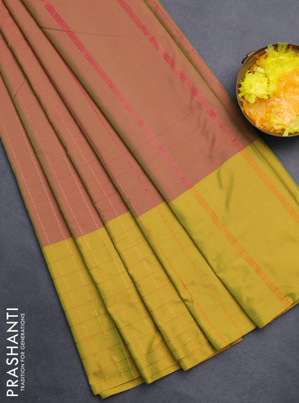Arani semi silk saree dual shade of greenish pink and lime green with allover copper zari weaves and zari checked border