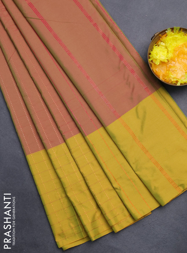 Arani semi silk saree dual shade of greenish pink and lime green with allover copper zari weaves and zari checked border