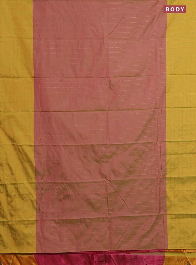 Arani semi silk saree dual shade of greenish pink and lime green with allover copper zari weaves and zari checked border