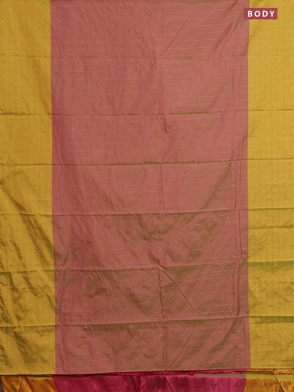 Arani semi silk saree dual shade of greenish pink and lime green with allover copper zari weaves and zari checked border