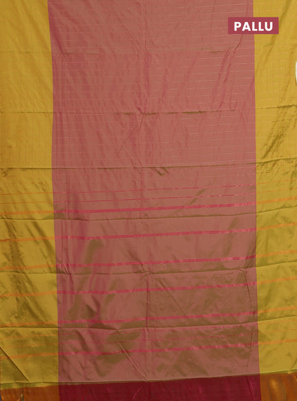 Arani semi silk saree dual shade of greenish pink and lime green with allover copper zari weaves and zari checked border