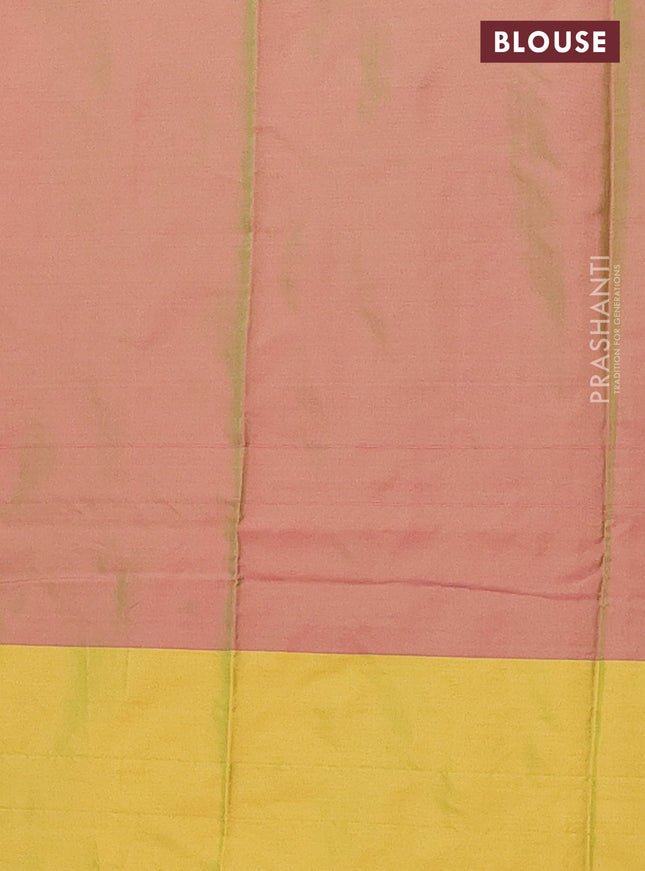 Arani semi silk saree dual shade of greenish pink and lime green with allover copper zari weaves and zari checked border