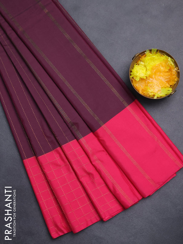 Arani semi silk saree wine shade and pink with allover copper zari weaves and zari checked border