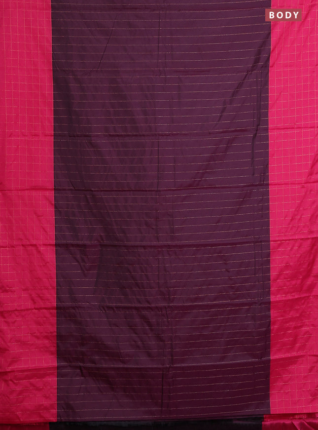 Arani semi silk saree wine shade and pink with allover copper zari weaves and zari checked border