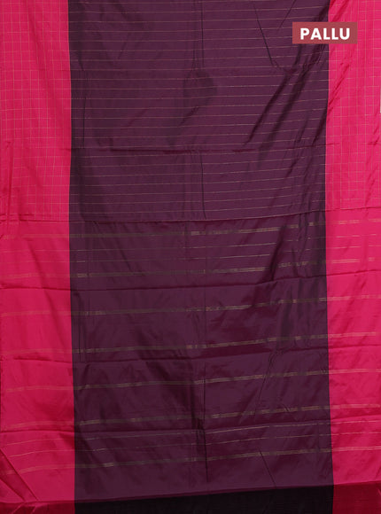 Arani semi silk saree wine shade and pink with allover copper zari weaves and zari checked border