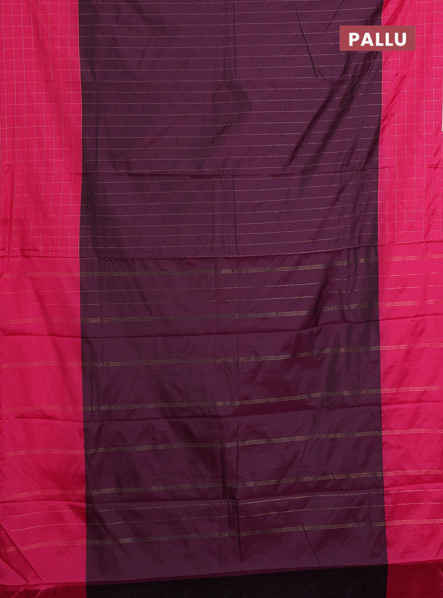 Arani semi silk saree wine shade and pink with allover copper zari weaves and zari checked border
