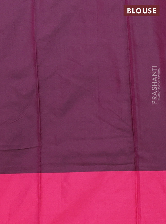 Arani semi silk saree wine shade and pink with allover copper zari weaves and zari checked border