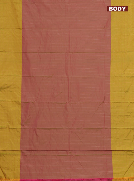 Arani semi silk saree dual shade of pinkish green and lime yellow with allover copper zari weaves and zari checked border