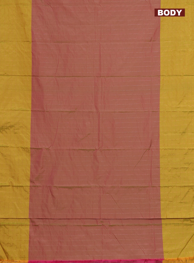 Arani semi silk saree dual shade of pinkish green and lime yellow with allover copper zari weaves and zari checked border