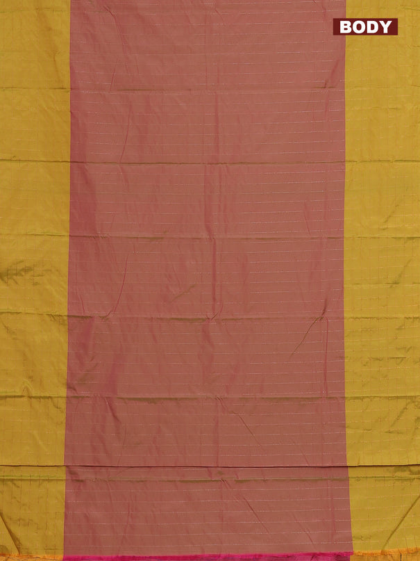 Arani semi silk saree dual shade of pinkish green and lime yellow with allover copper zari weaves and zari checked border