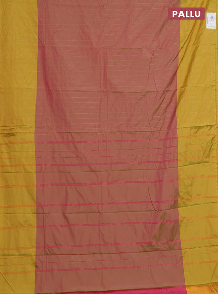 Arani semi silk saree dual shade of pinkish green and lime yellow with allover copper zari weaves and zari checked border