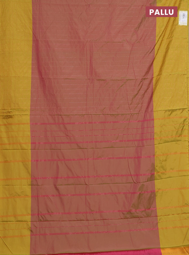 Arani semi silk saree dual shade of pinkish green and lime yellow with allover copper zari weaves and zari checked border