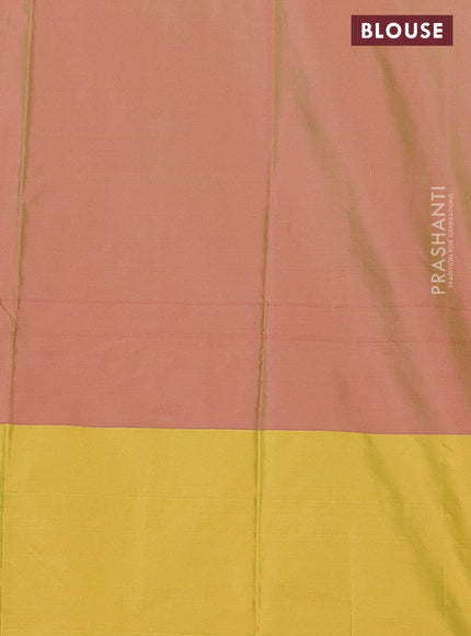 Arani semi silk saree dual shade of pinkish green and lime yellow with allover copper zari weaves and zari checked border