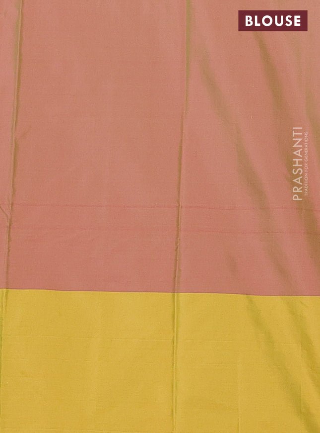 Arani semi silk saree dual shade of pinkish green and lime yellow with allover copper zari weaves and zari checked border