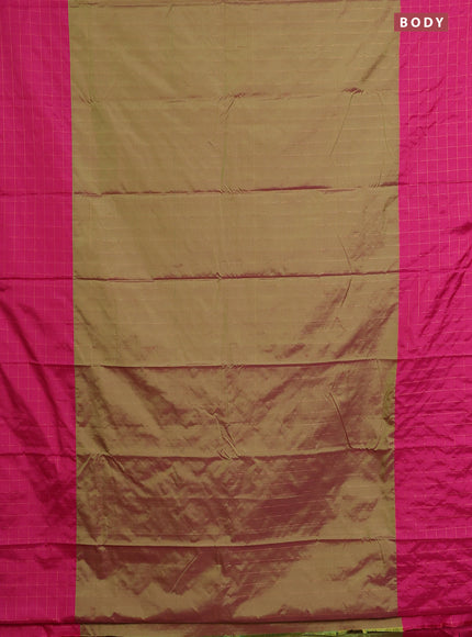Arani semi silk saree dual shade of green and pink with allover copper zari weaves and zari checked border