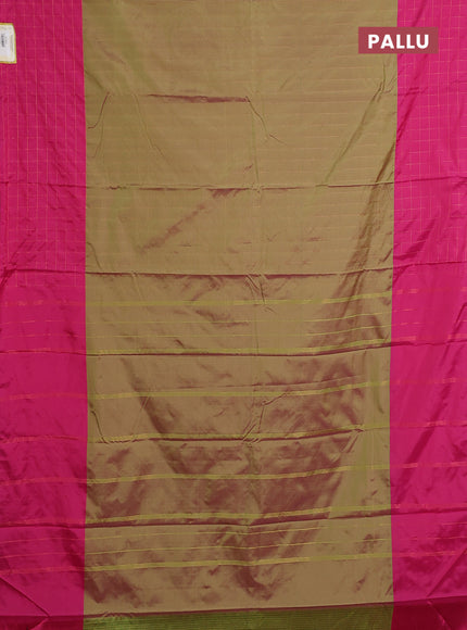 Arani semi silk saree dual shade of green and pink with allover copper zari weaves and zari checked border