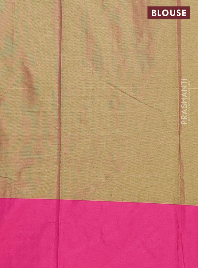 Arani semi silk saree dual shade of green and pink with allover copper zari weaves and zari checked border