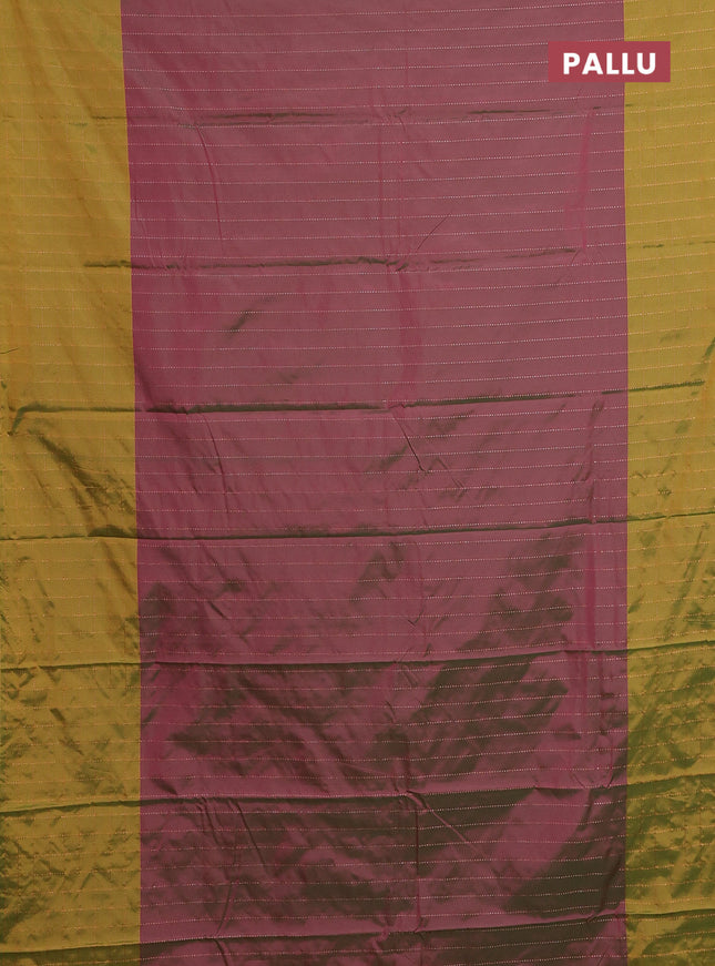 Arani semi silk saree dual shade of magenta pink and mustard green with allover copper zari weaves and zari checked border
