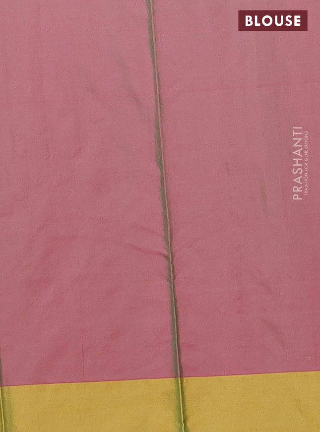 Arani semi silk saree dual shade of magenta pink and mustard green with allover copper zari weaves and zari checked border