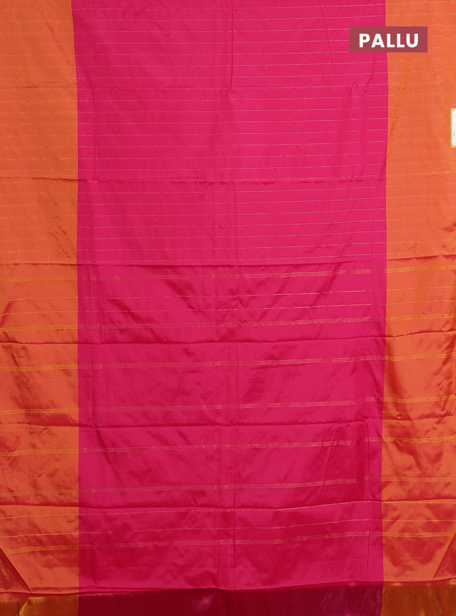 Arani semi silk saree pink and dark mustard with allover copper zari weaves and zari checked border