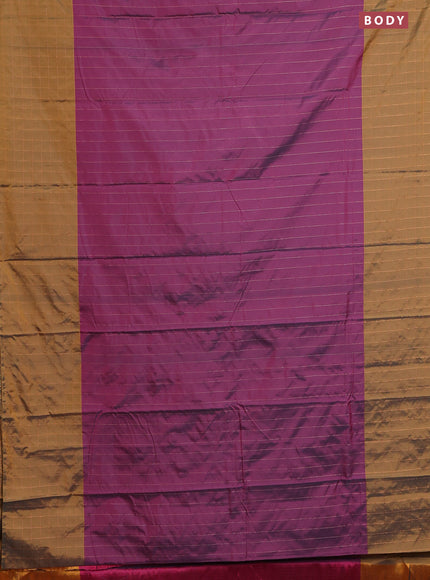 Arani semi silk saree dark purple and dark mustard with allover copper zari weaves and zari checked border