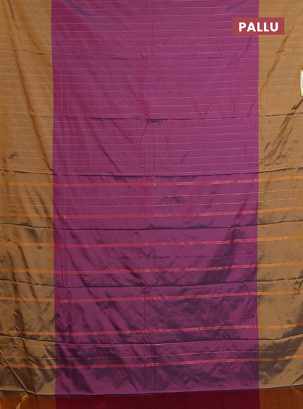 Arani semi silk saree dark purple and dark mustard with allover copper zari weaves and zari checked border
