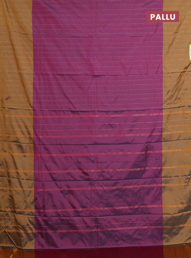 Arani semi silk saree dark purple and dark mustard with allover copper zari weaves and zari checked border