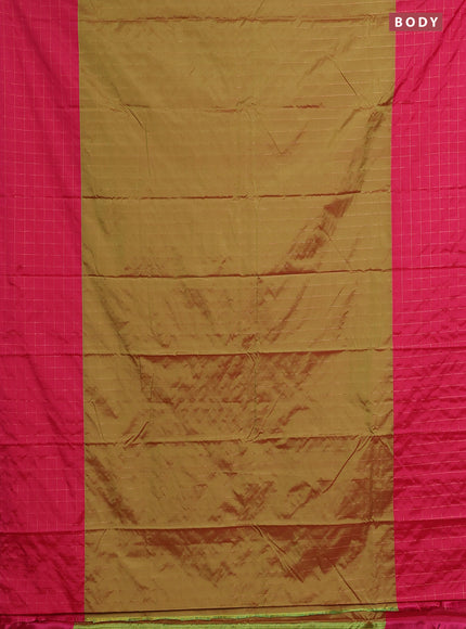 Arani semi silk saree dual shade of green and pink with allover copper zari weaves and zari checked border