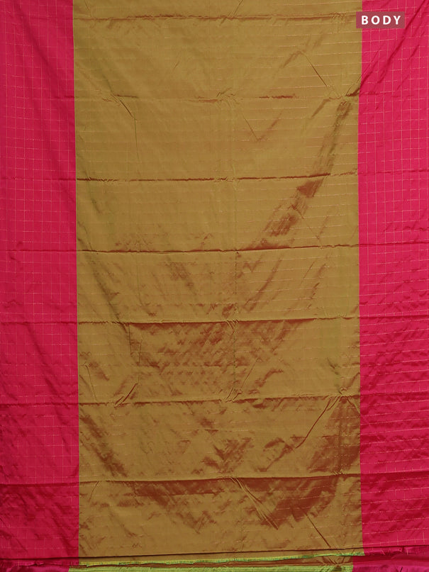 Arani semi silk saree dual shade of green and pink with allover copper zari weaves and zari checked border