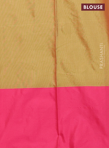 Arani semi silk saree dual shade of green and pink with allover copper zari weaves and zari checked border