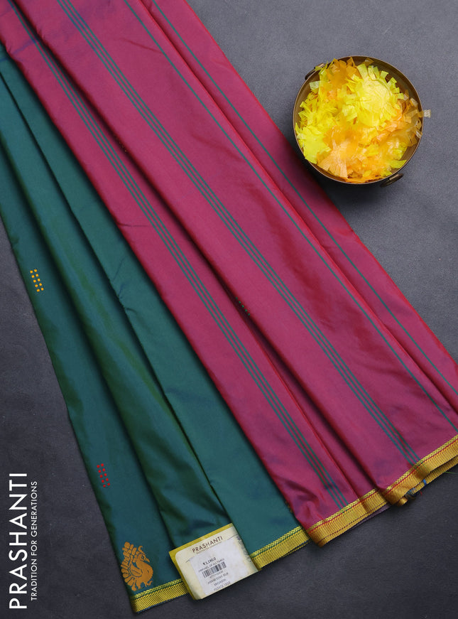 Arani semi silk saree dual shade of bluish green and dual shade of bluish red with thread woven buttas and thread woven border