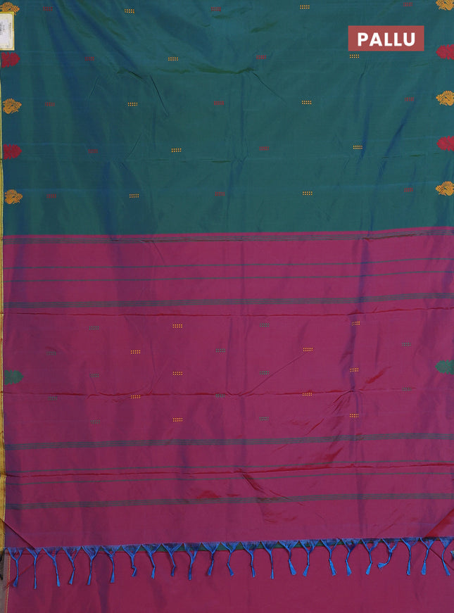 Arani semi silk saree dual shade of bluish green and dual shade of bluish red with thread woven buttas and thread woven border