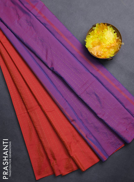 Arani semi silk saree dual shade of pinkish rust and dual shade of purple with allover copper zari weaves in borderless style