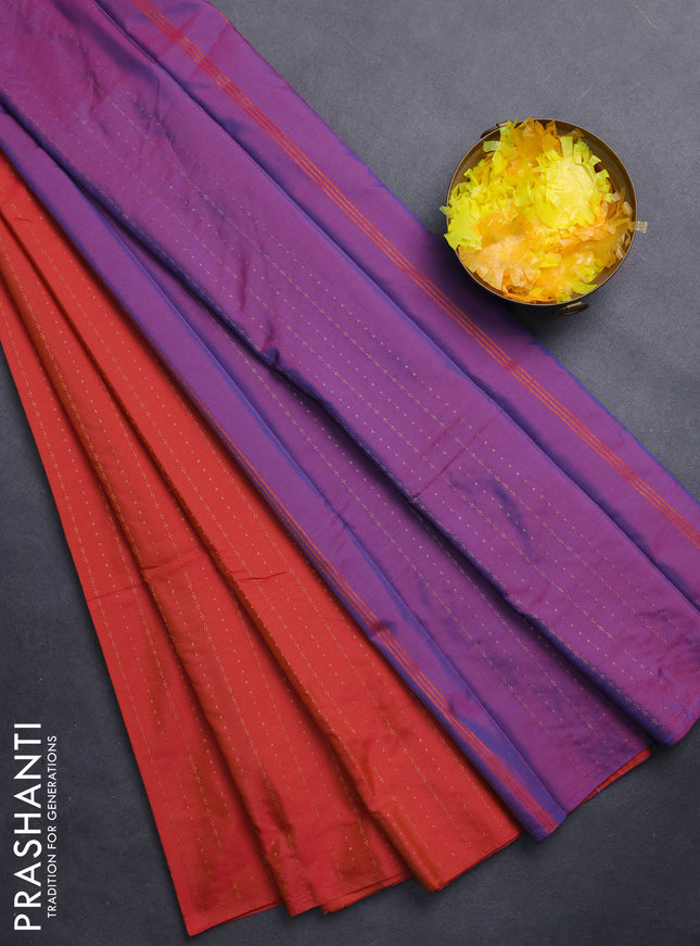 Arani semi silk saree dual shade of pinkish rust and dual shade of purple with allover copper zari weaves in borderless style