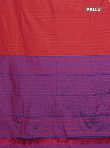 Arani semi silk saree dual shade of pinkish rust and dual shade of purple with allover copper zari weaves in borderless style