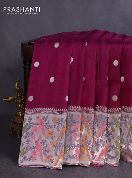 Banarasi raw silk saree wine shade with sillver zari woven coin buttas and silver zari woven paithani style border