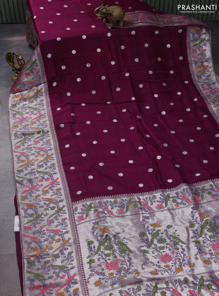Banarasi raw silk saree wine shade with sillver zari woven coin buttas and silver zari woven paithani style border