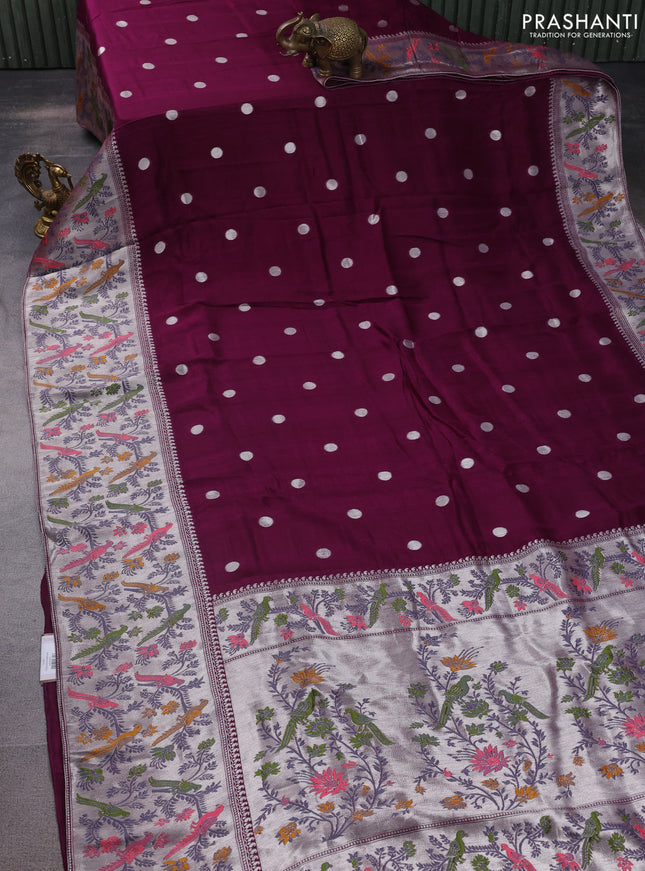 Banarasi raw silk saree wine shade with sillver zari woven coin buttas and silver zari woven paithani style border