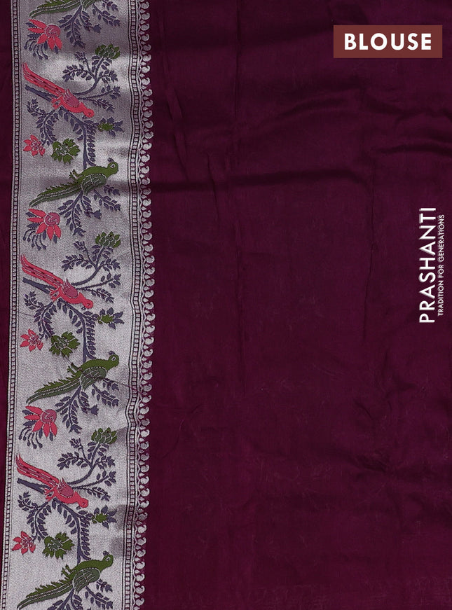 Banarasi raw silk saree wine shade with sillver zari woven coin buttas and silver zari woven paithani style border