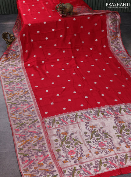Banarasi raw silk saree red with sillver zari woven coin buttas and silver zari woven paithani style border